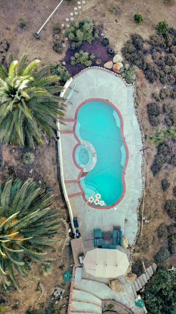 An aerial view of a pool.